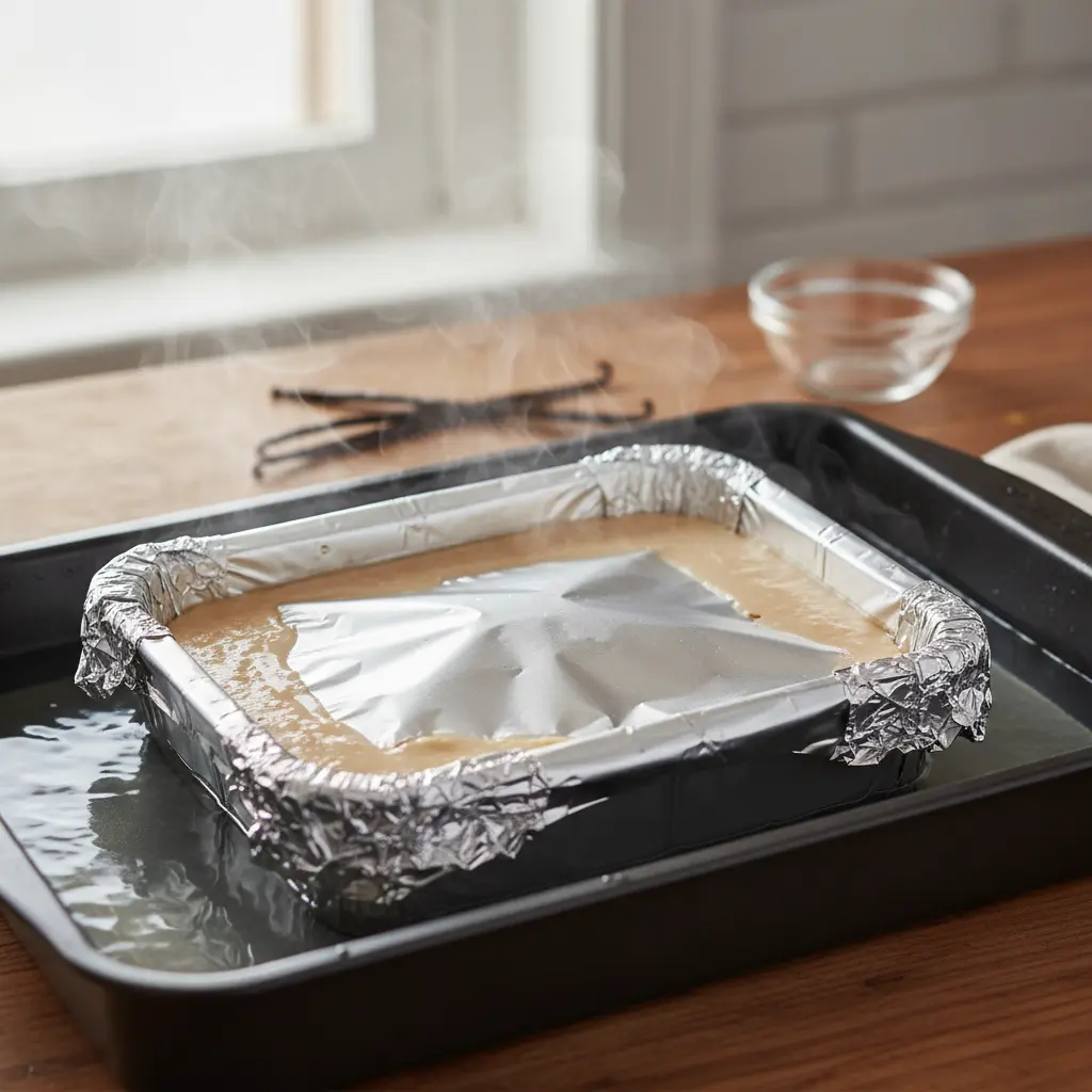 Bain-marie: pudín en molde interior con agua caliente exterior, vapor subiendo.