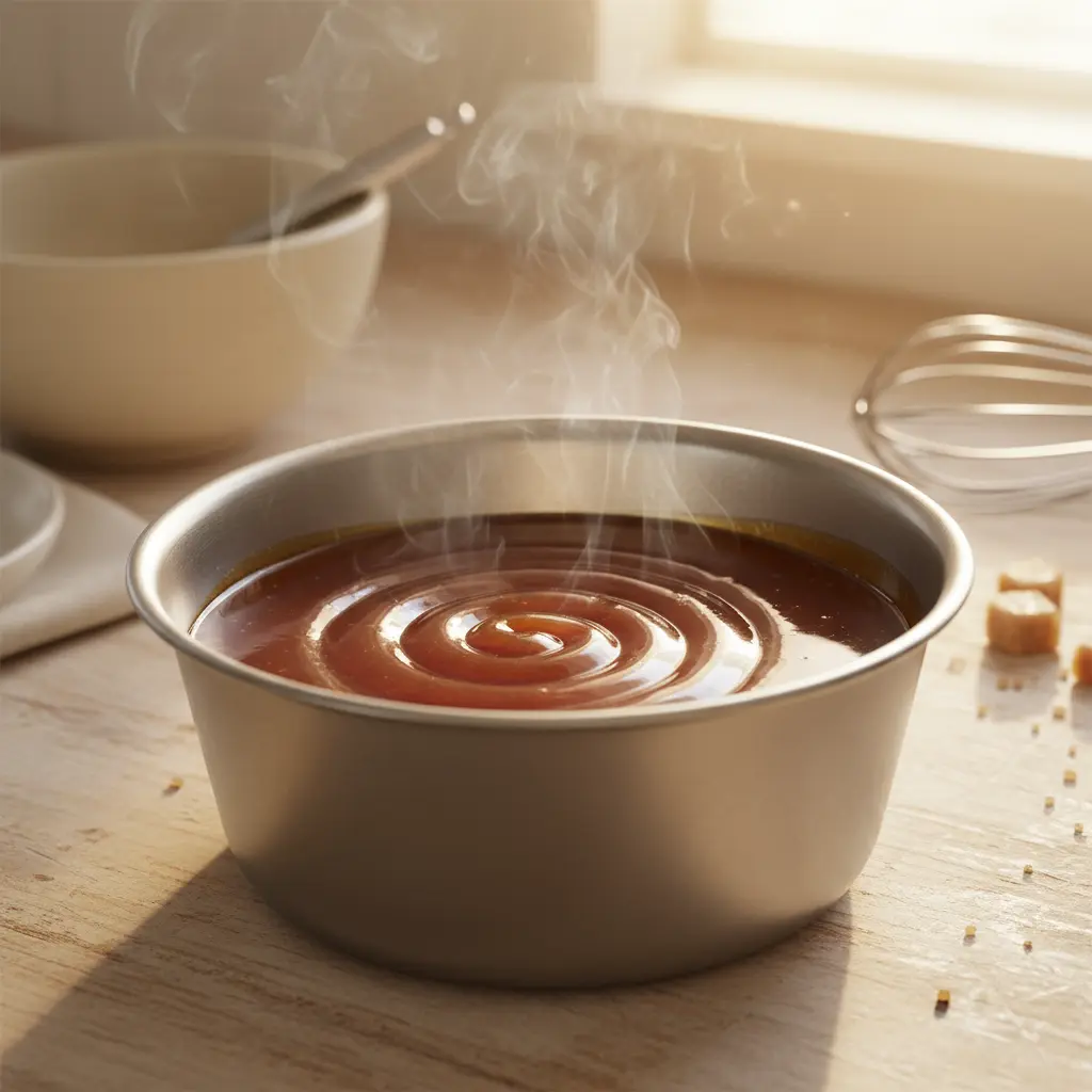 Caramelo líquido ámbar fundido en molde metálico redondo, vapor suave, cocina casera.
