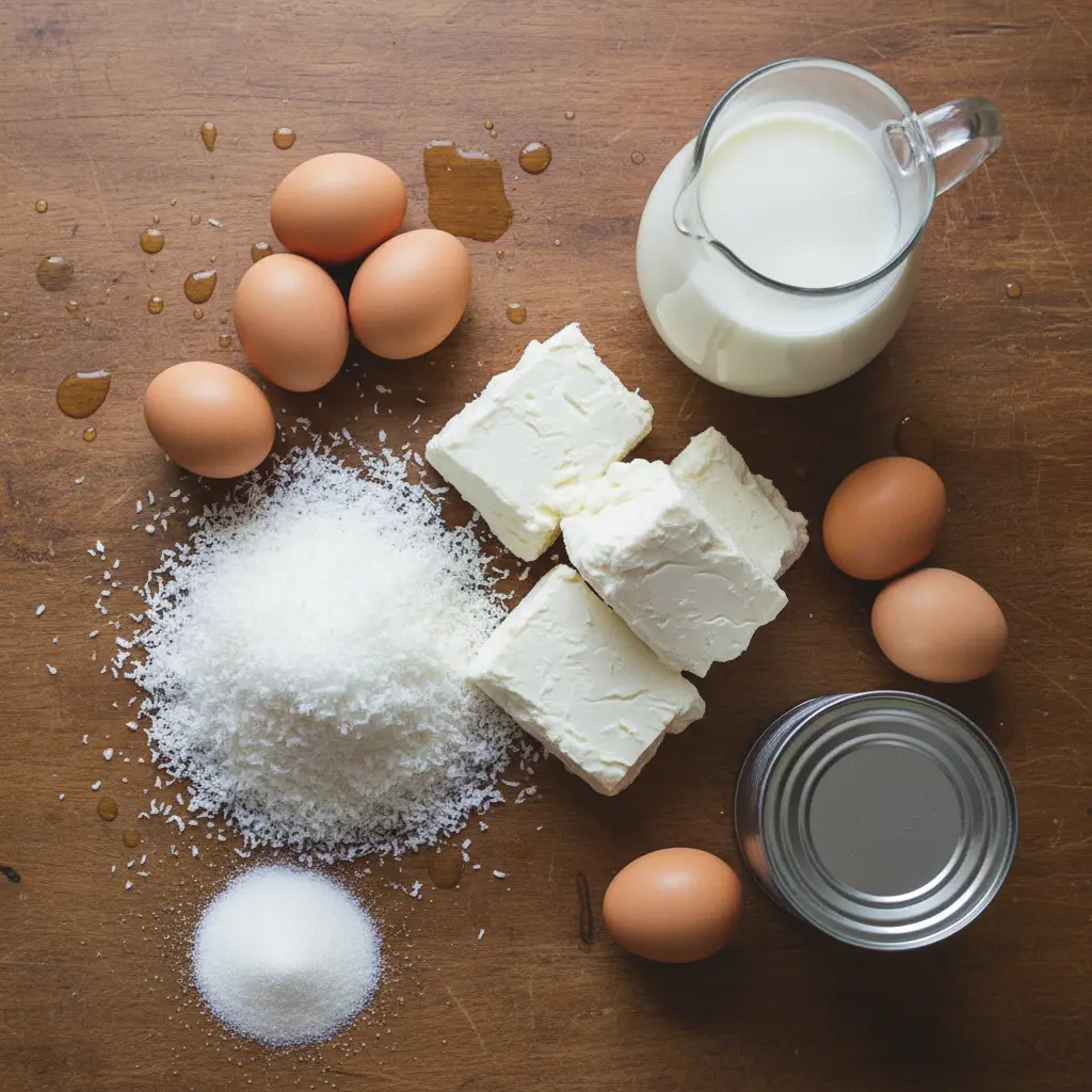 Ingredientes frescos para flan cubano de coco y queso: coco rallado, queso crema, huevos, azúcar, leche.
