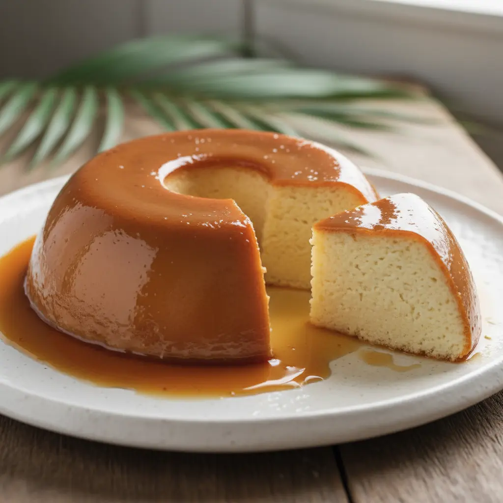 Postre cubano de coco y queso con caramelo, textura suave y cremosa.