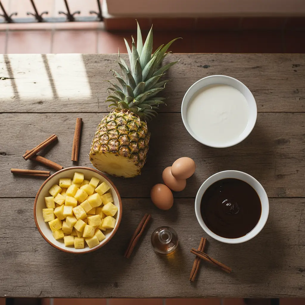 Ingredientes frescos para pudín de piña cubano: piña, leche, huevos, vainilla, canela. Vista aérea.