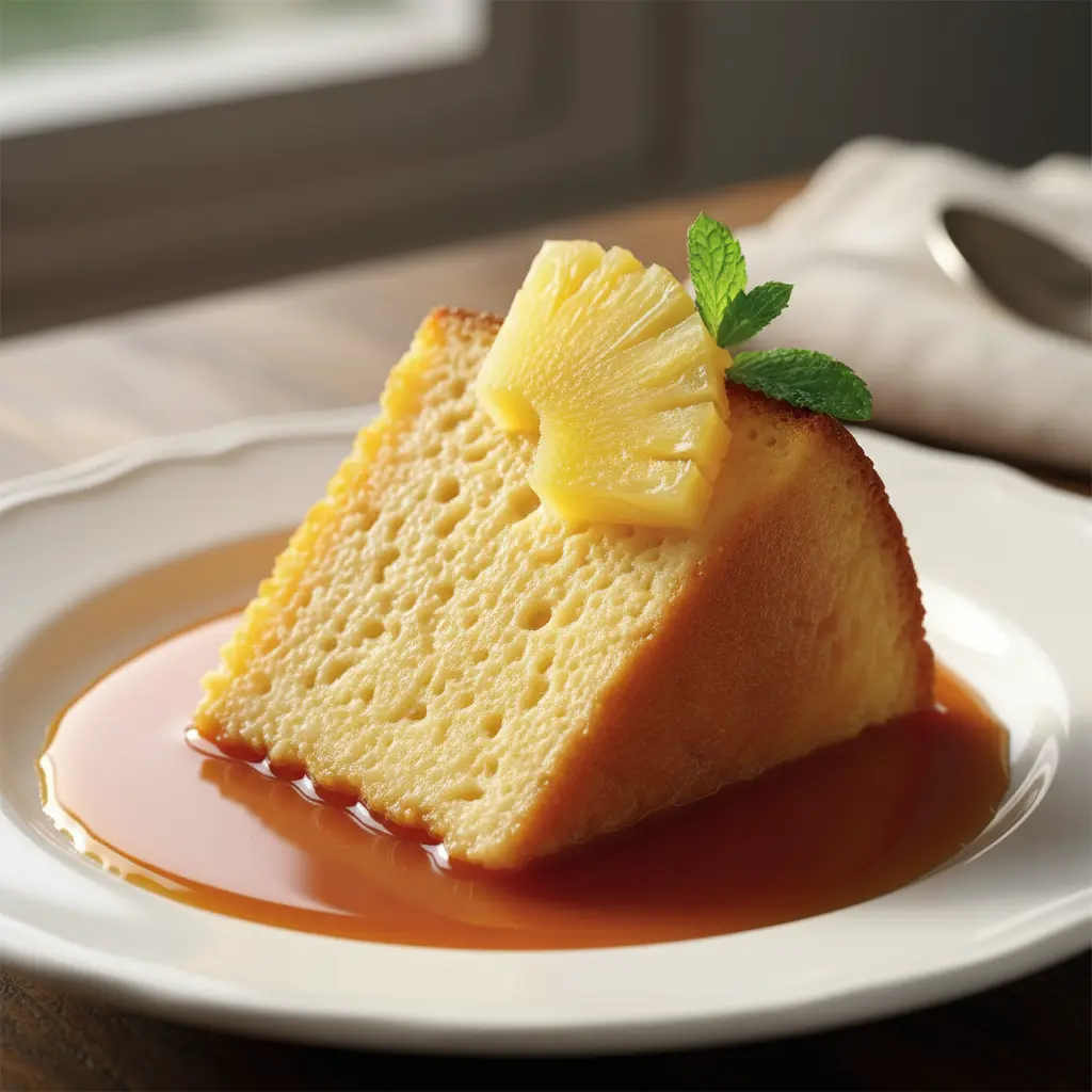 Postre cremoso de piña con caramelo ámbar y menta fresca.