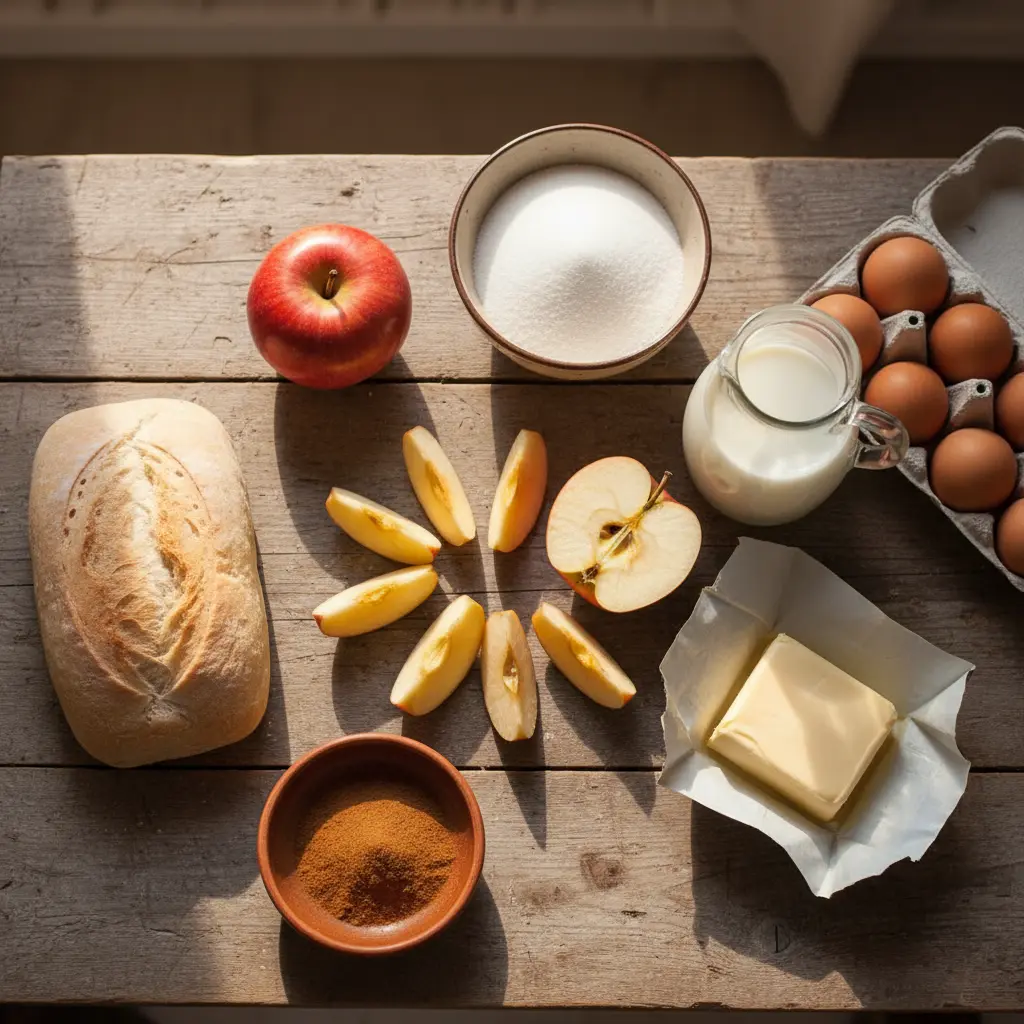 Pudín de manzana cubano: ingredientes frescos Ingredientes frescos para pudín de manzana cubano: manzanas, azúcar, huevos, leche, mantequilla, canela y pan.