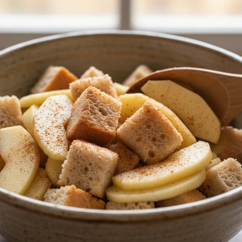 Mezcla rústica: manzanas, pan y canela Manzanas en rodajas y pan duro en bol de cerámica, con canela. Preparación rústica.