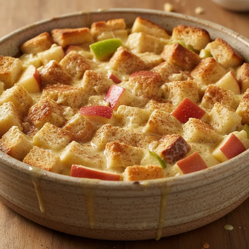 Pudín de manzana y pan casero, listo para hornear Pudín rústico de manzana y pan en molde de cerámica con canela