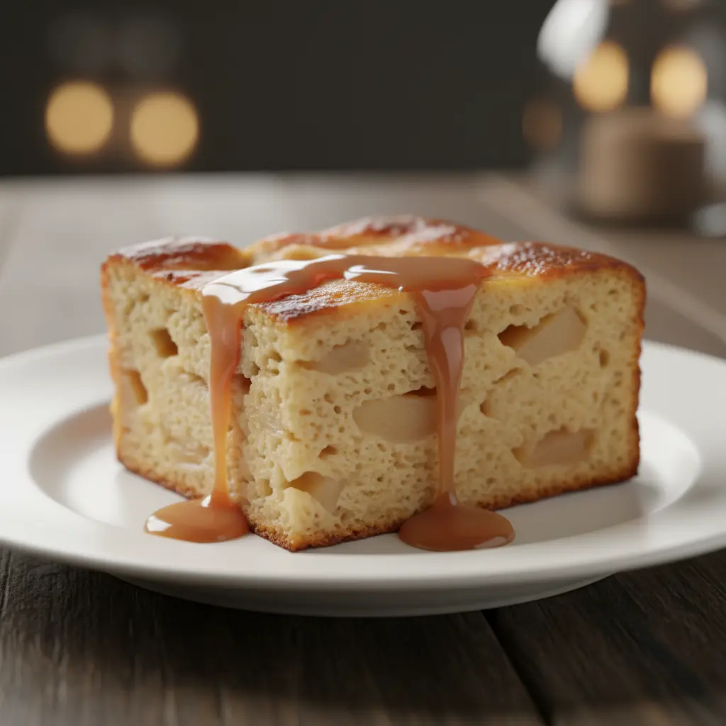 Delicioso pudín de manzana tibio Rebanada dorada de pudín de manzana tibio con trozos de manzana, servido en plato blanco.