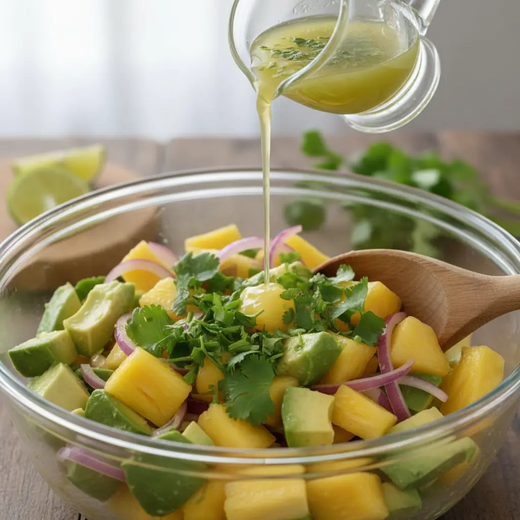 Ensalada de aguacate, piña y cebolla roja con cilantro y vinagreta de lima y oliva.