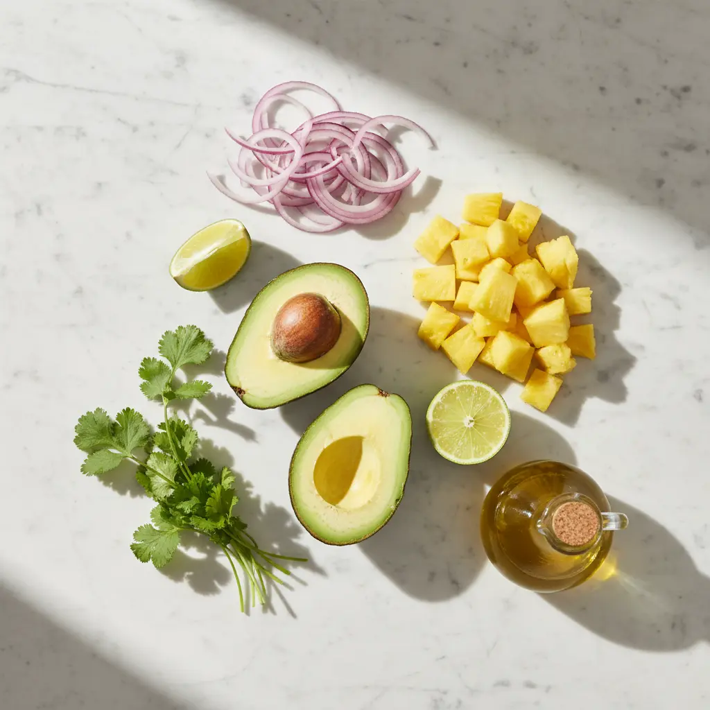 Ingredientes frescos para ensalada cubana de aguacate y piña: aguacates, piña, cebolla roja, cilantro, lima y aceite de oliva.