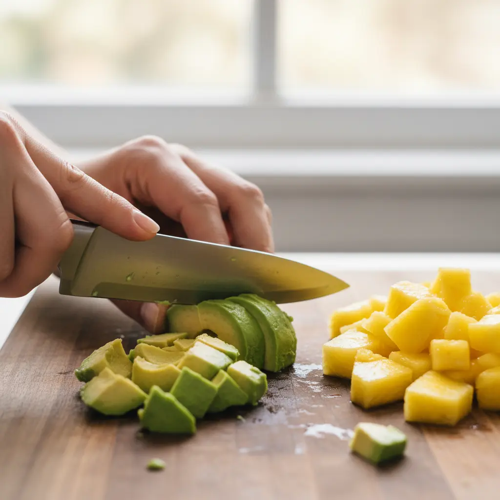 Manos cortando aguacate y piña en cubos uniformes para ensalada.