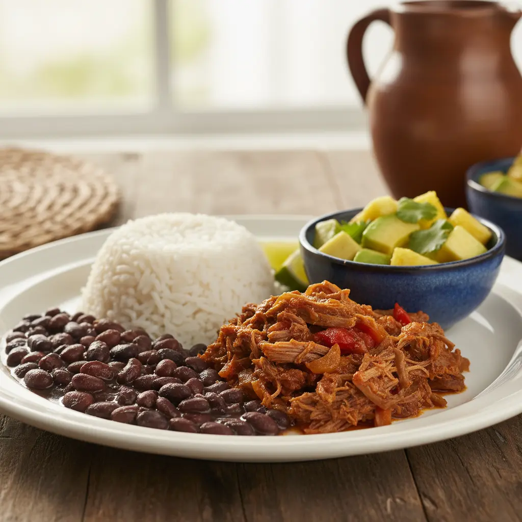 Plato cubano con arroz blanco, frijoles negros, Ropa Vieja y ensalada de aguacate y piña.