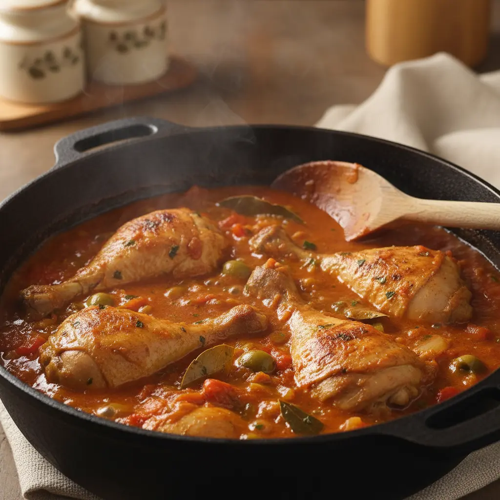 Fricasé de pollo cubano burbujeante en caldero, con pollo tierno en salsa roja. Cuchara de madera.
