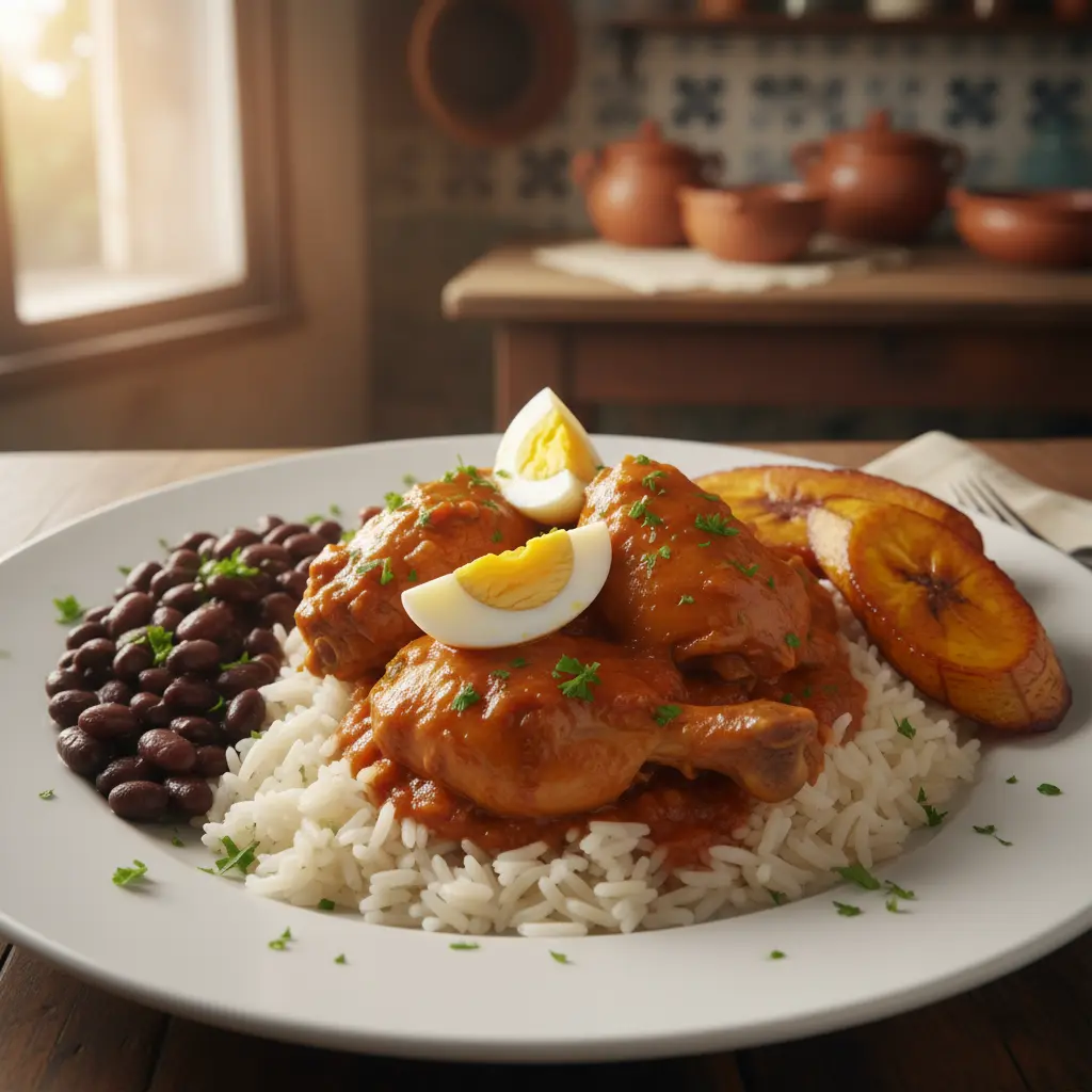 Fricasé de pollo cubano con arroz blanco, frijoles negros y maduros.