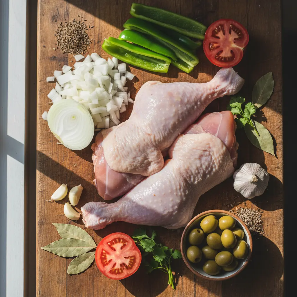Ingredientes crudos para fricasé de pollo cubano: pollo, cebolla, pimiento, ajo, tomate, laurel, comino, aceitunas.