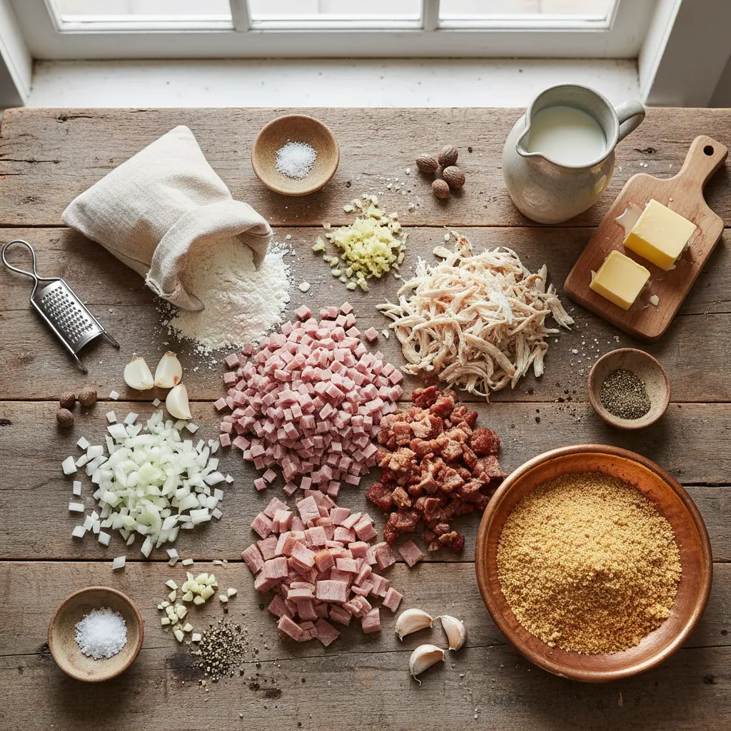 Ingredientes frescos para croquetas cubanas: jamón, pollo, cebolla, ajo, harina, leche, mantequilla, especias.