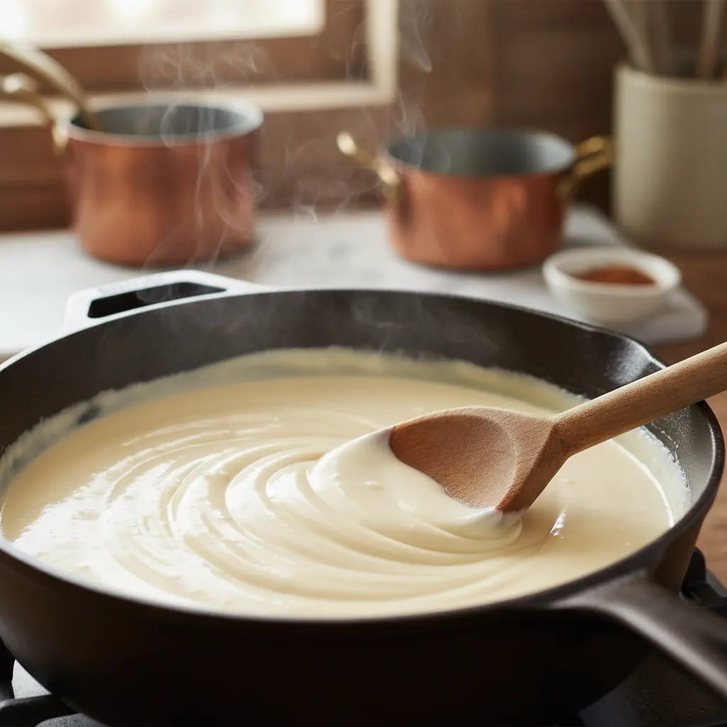 Salsa bechamel espesa y cremosa, sin grumos, en cacerola, con vapor.