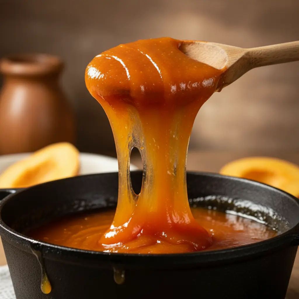 Cuchara de madera levantando dulce de mamey espeso y brillante del fuego.
