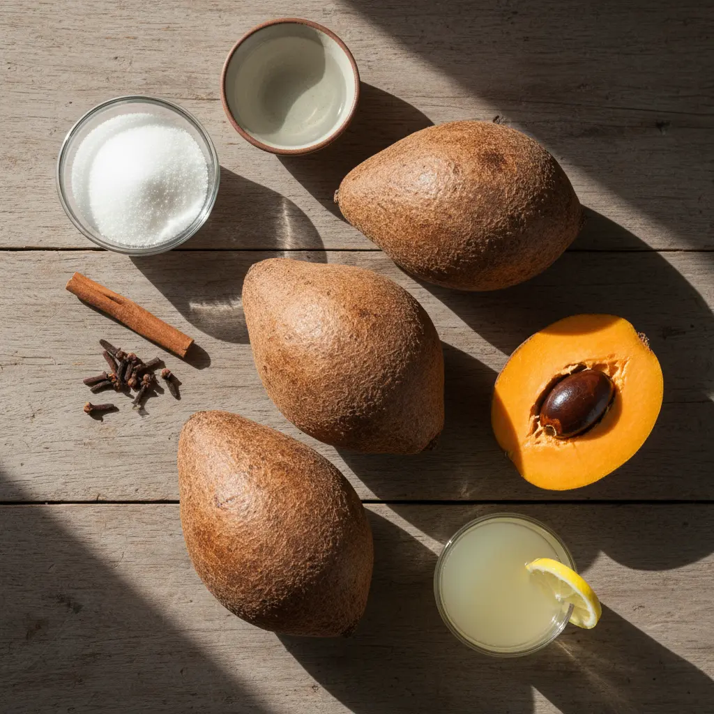 Ingredientes frescos para dulce de mamey: mameyes, azúcar, canela, clavo, limón.