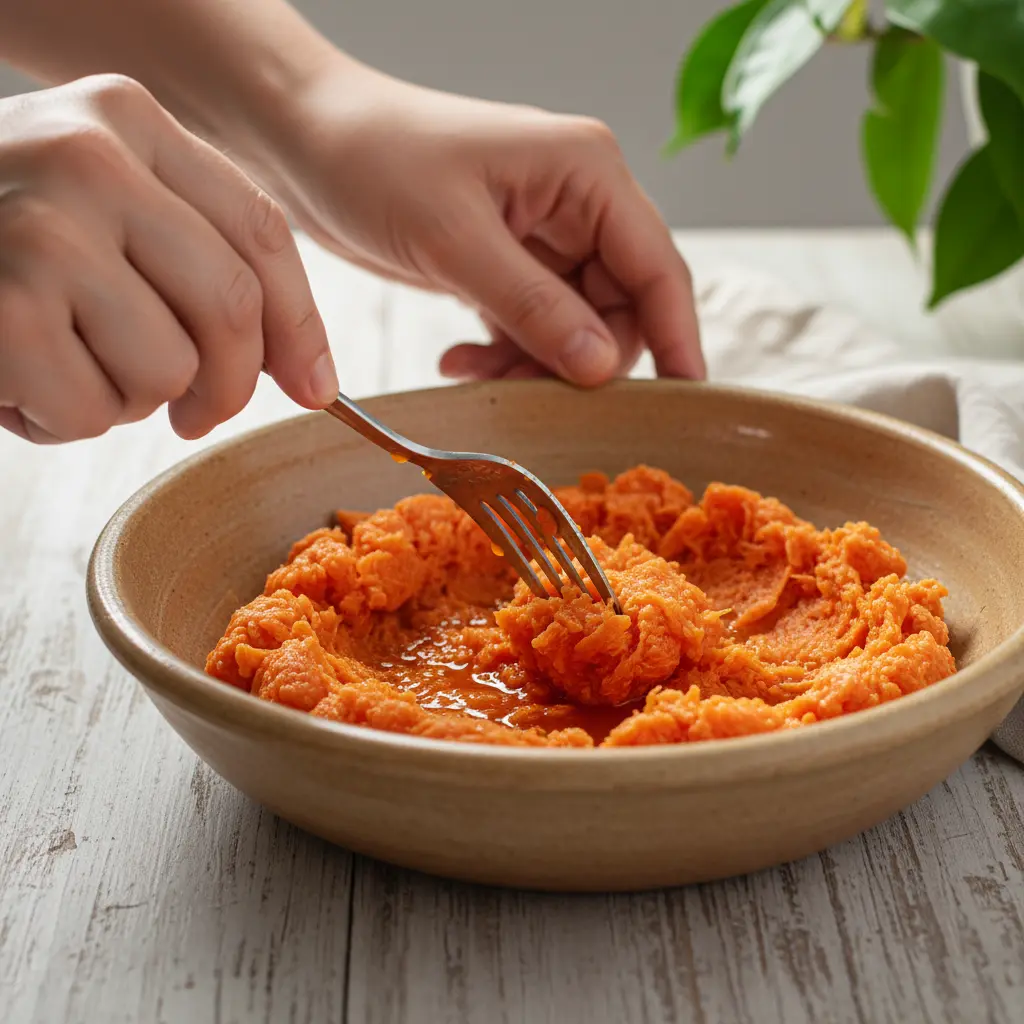 Manos triturando pulpa de mamey con un tenedor en un bol.