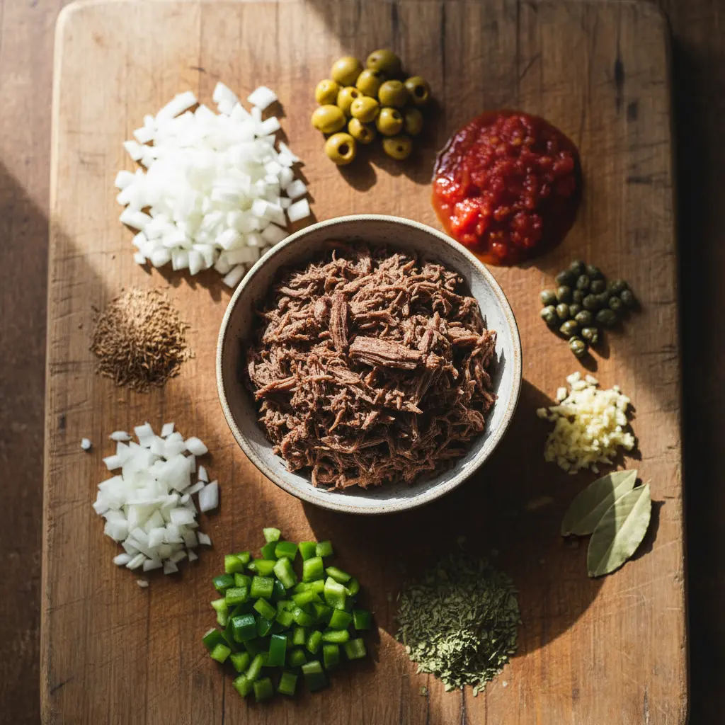 Relleno auténtico de empanadas cubanas: ingredientes Ingredientes crudos para relleno de empanadas cubanas: carne deshebrada, cebolla, pimiento, ajo, tomate, aceitunas, alcaparras, especias.