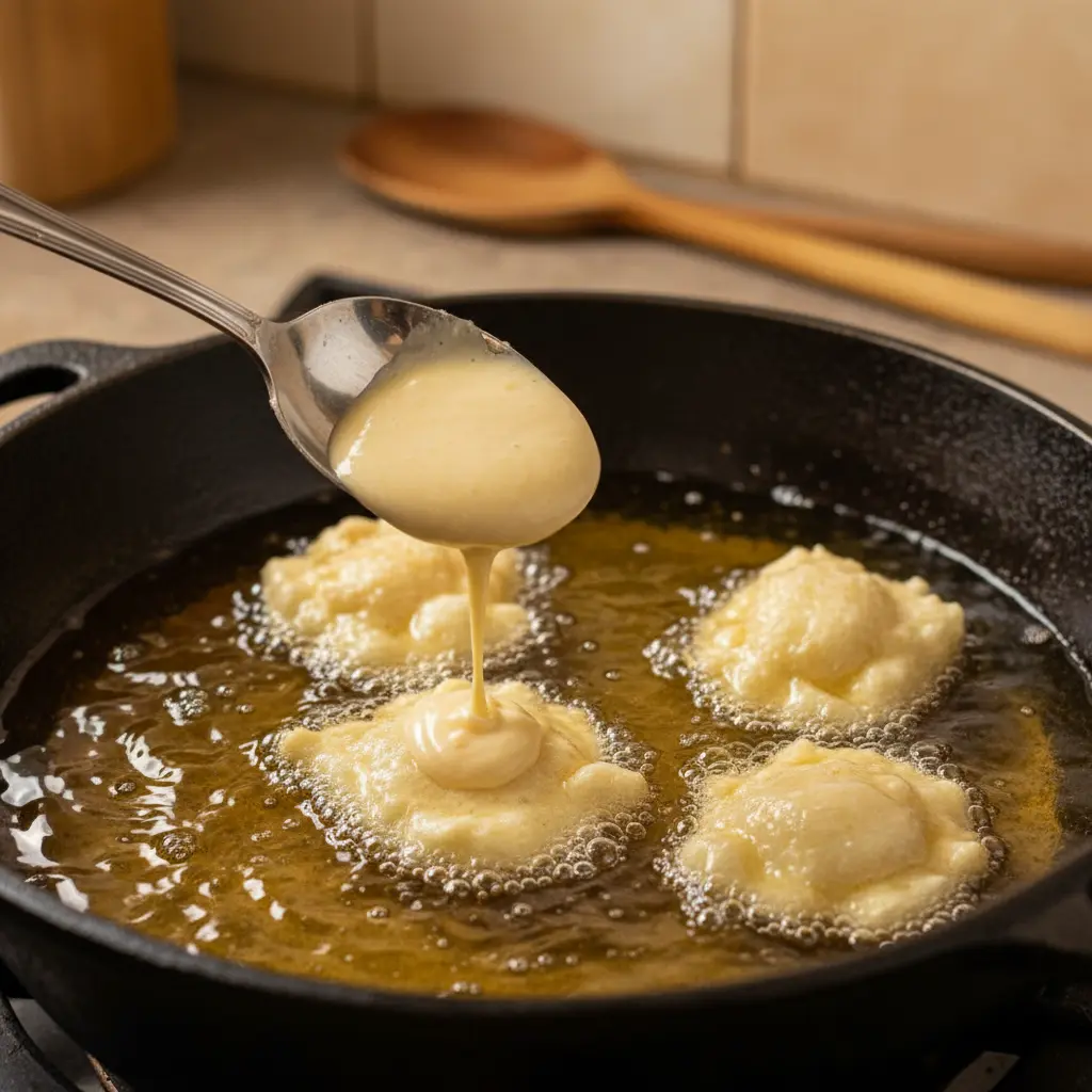 Frituras de harina dorándose en aceite caliente Cuchara vierte masa de frituras de harina en aceite caliente en caldero cubano.