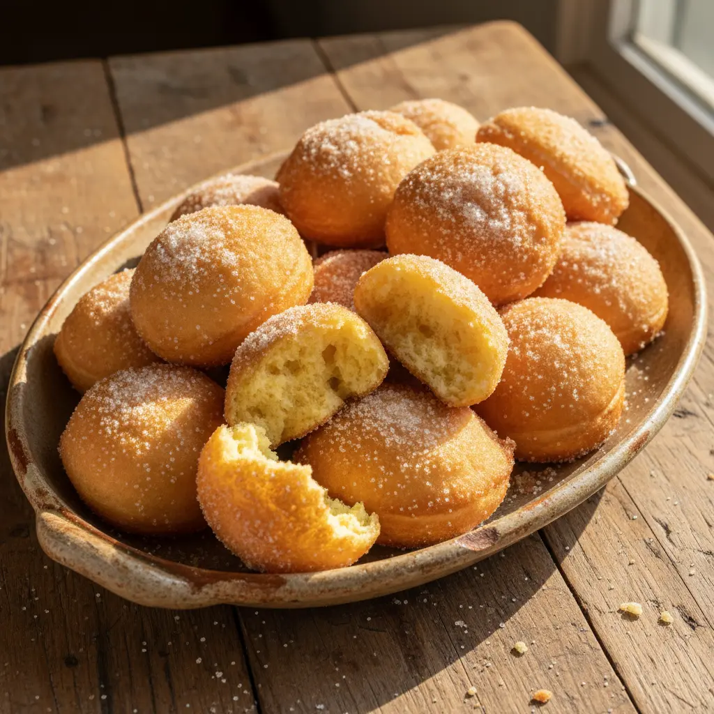 Deliciosas frituras de harina caseras Frituras de harina doradas y esponjosas con azúcar en mesa rústica.