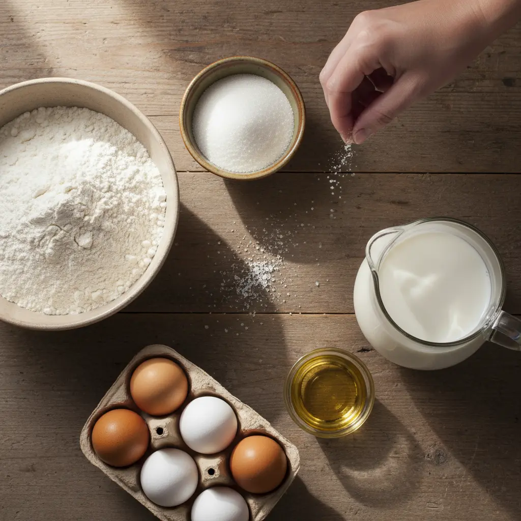 Frituras de Harina Cubanas: Ingredientes Frescos Ingredientes para frituras de harina cubanas: harina, azúcar, huevos, leche, sal, aceite.