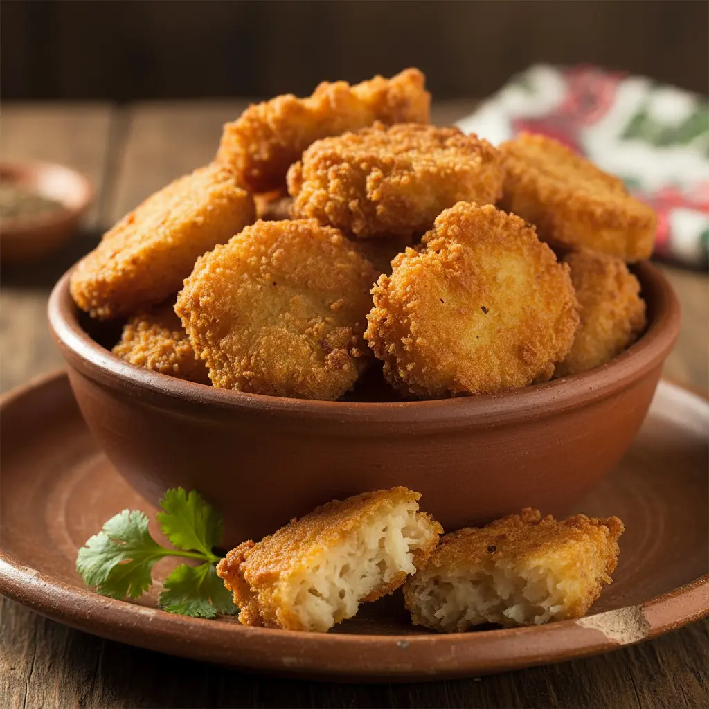 Fritura de yuca dorada y crujiente, interior tierno, con cilantro fresco en plato rústico.