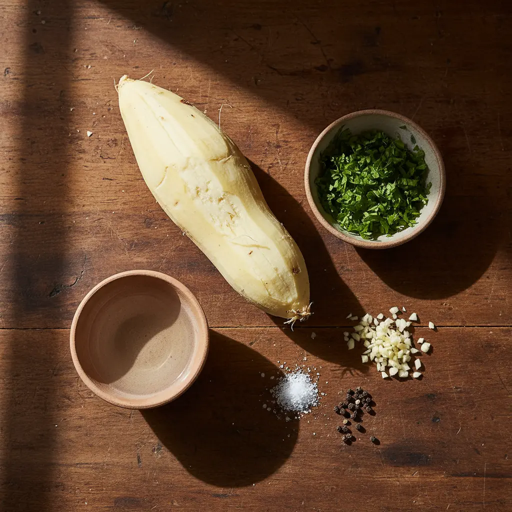Ingredientes frescos para frituras de yuca: yuca, cilantro, ajo, sal, pimienta y agua.