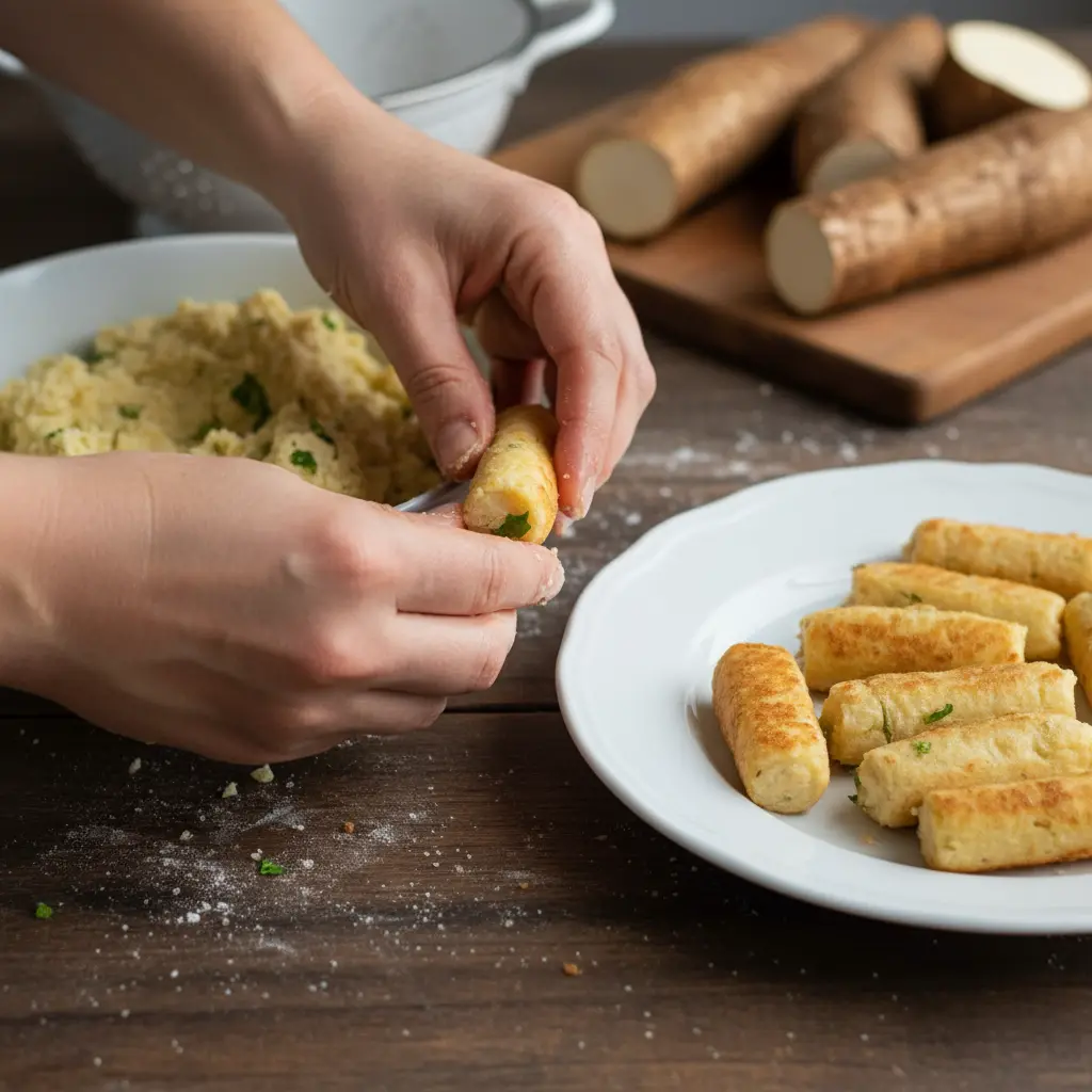 Manos húmedas forman frituras de yuca alargadas de masa rústica.