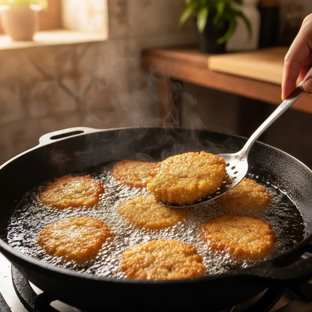 Arroz frito dorado chisporroteando en aceite caliente en caldero cubano.