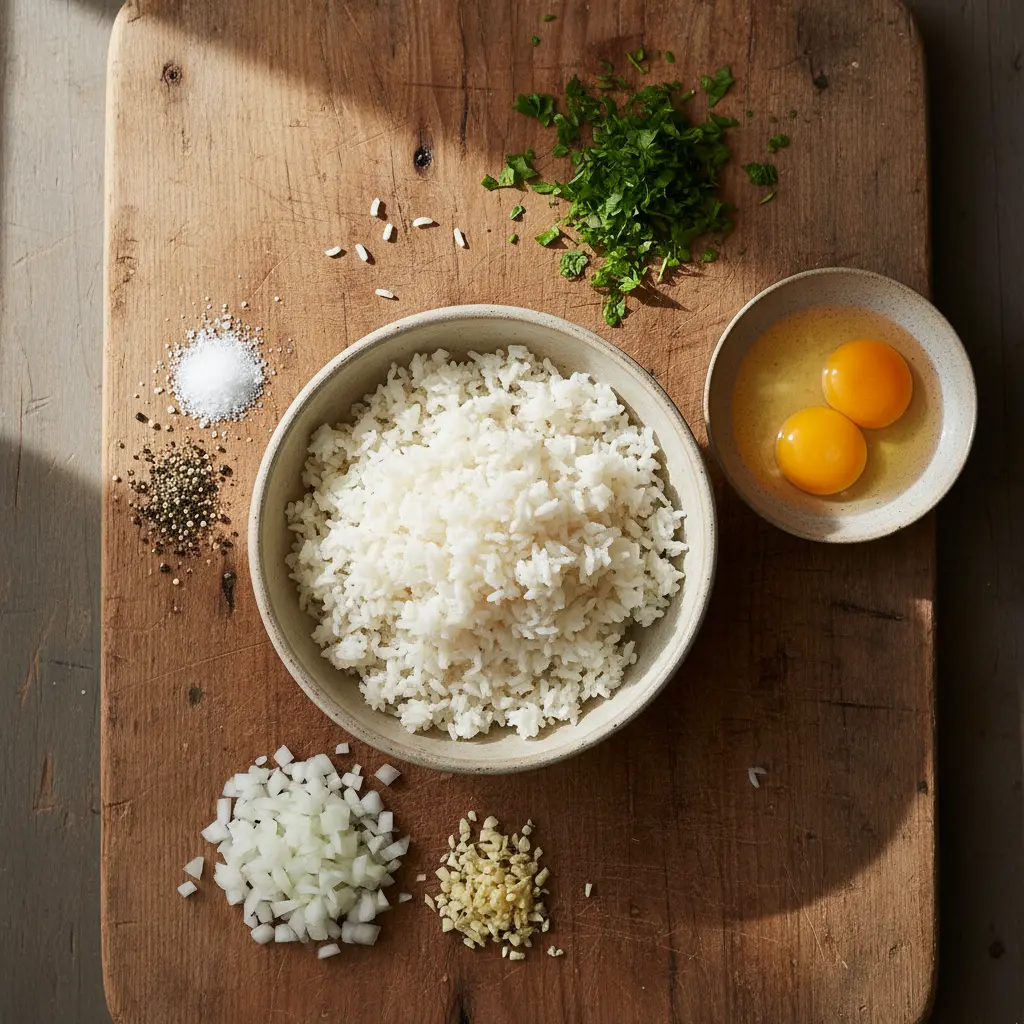 Ingredientes frescos para buñuelos de arroz cubanos: arroz blanco, huevos, cebolla, ajo, perejil, sal y pimienta.
