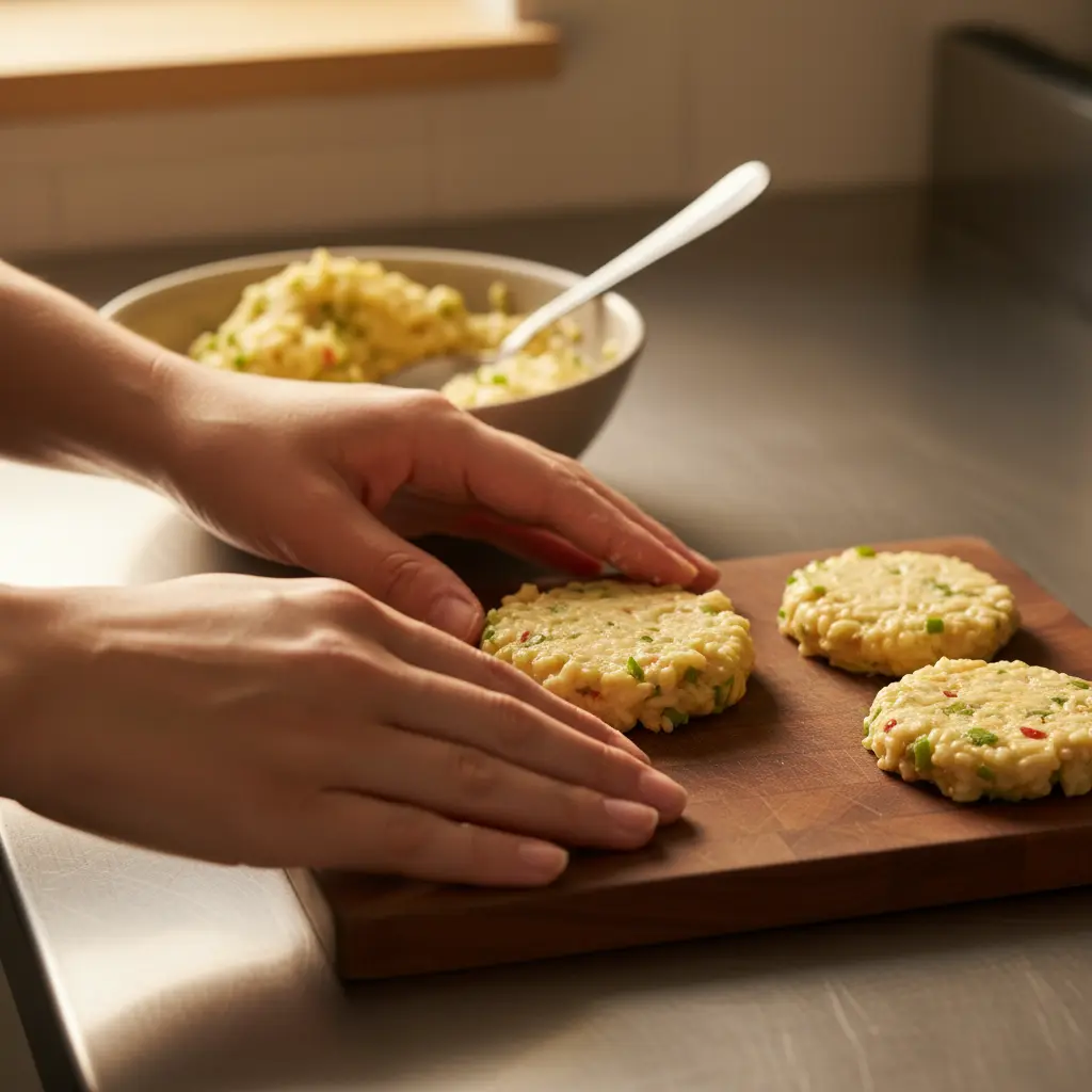 Manos formando discos de mezcla de arroz para frituras en cocina. Arroz visible, hierbas verdes.
