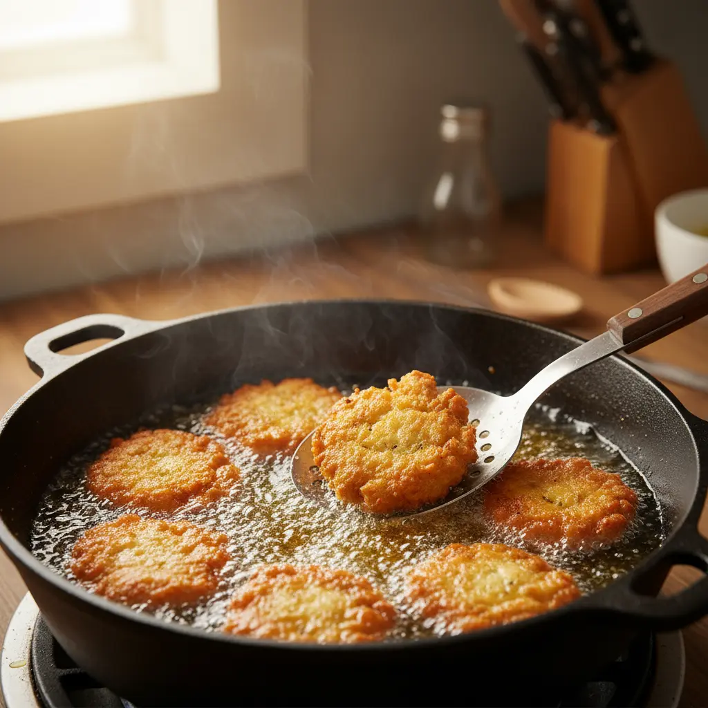 Frituras de bacalao doradas friéndose en aceite burbujeante en caldero.