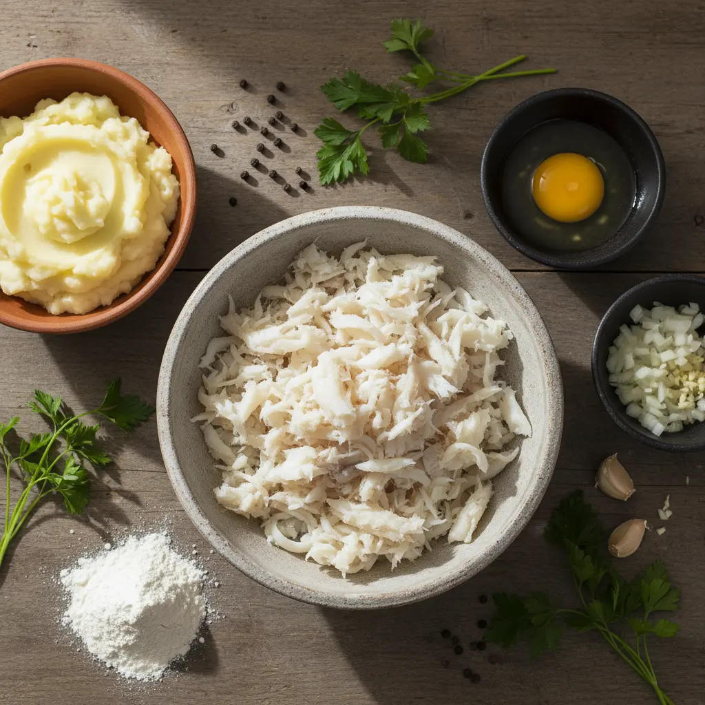 Ingredientes crudos para frituras de bacalao cubanas: bacalao desmenuzado, puré de papa, huevo, cebolla, ajo, perejil, harina y pimienta.