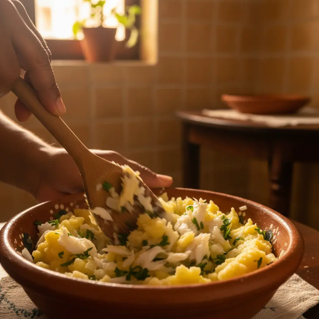 Mano mezclando bacalao desmenuzado, puré de papa, perejil y cebolla en bol para frituras cubanas.
