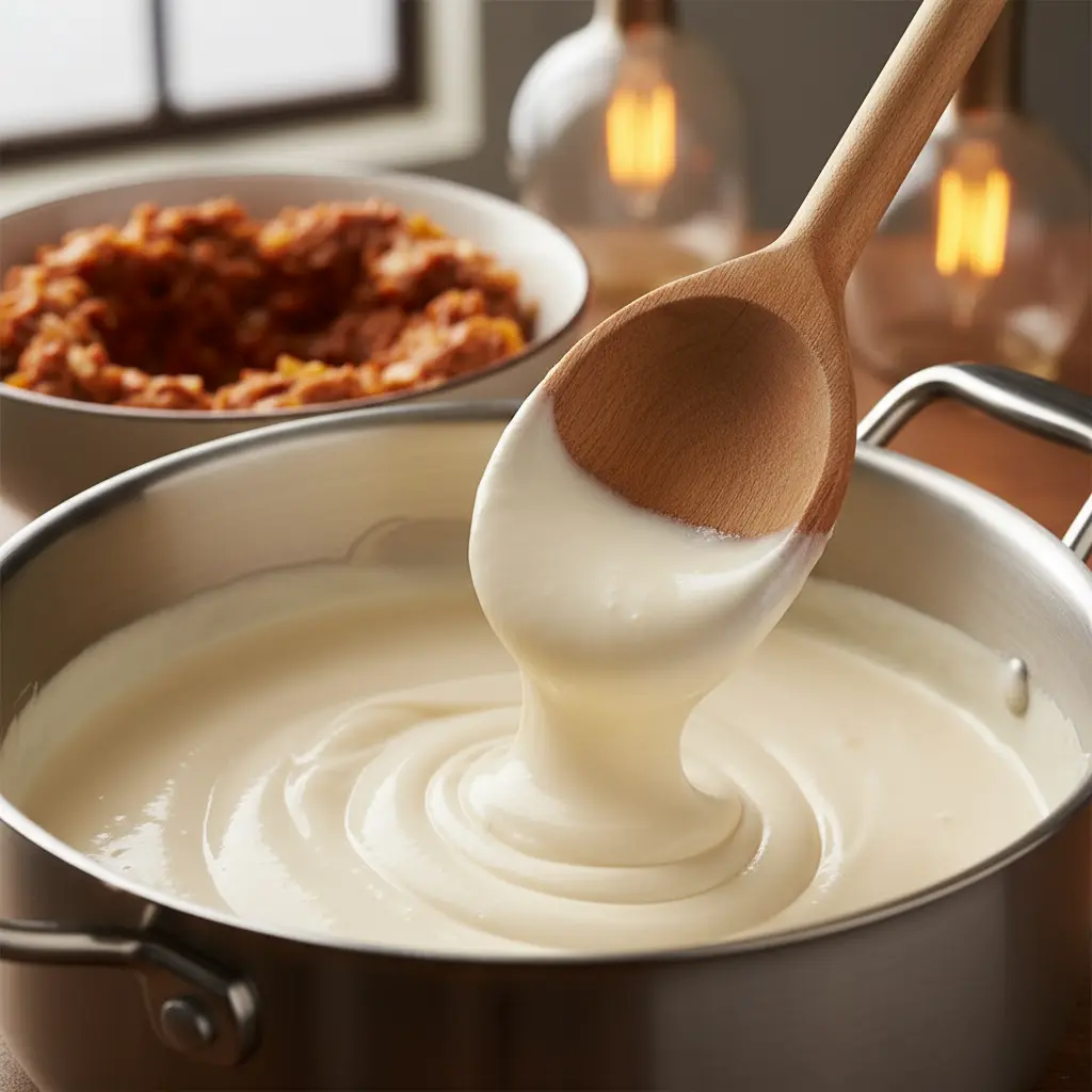 Salsa Béchamel Cremosa: Preparación en Cocina Cálida Béchamel sedosa en sartén, lista para mezclar con carne y sofrito.