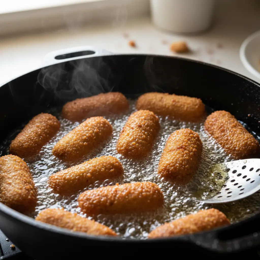 Croquetas Cubanas Doradas y Crujientes Croquetas de carne cubanas doradas y crujientes friéndose en aceite caliente en un caldero.