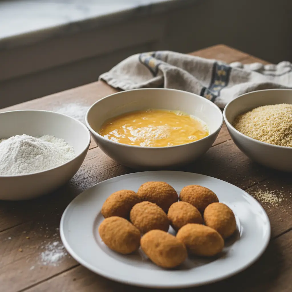 Croquetas: ingredientes para empanar Croquetas listas para empanar: harina, huevo y pan rallado en cuencos.