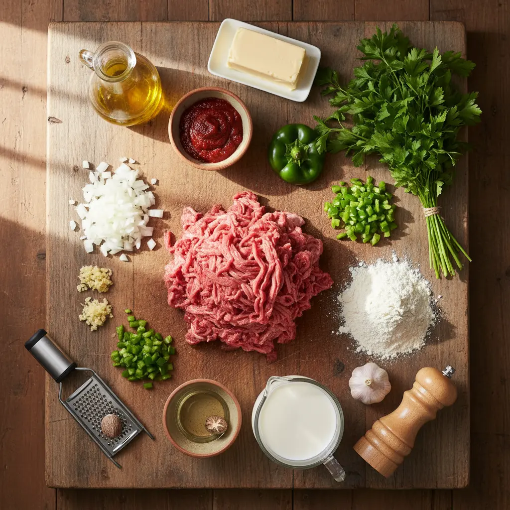 Carne con Papas Cubana: Ingredientes Frescos Ingredientes frescos para carne con papas cubana: carne deshebrada, cebolla, ajo, pimiento, tomate, vino, leche, hierbas.