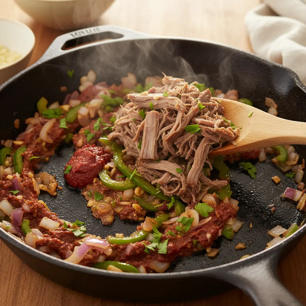 Sofrito cubano para croquetas: ingredientes Sofrito cubano rústico con carne deshebrada, cebolla, ajo, pimiento y perejil.