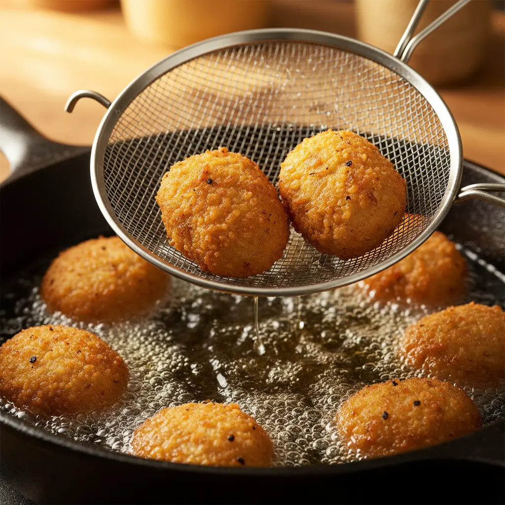Croquetas de arroz cubanas recién fritas Croquetas de arroz cubanas doradas friéndose en aceite caliente, con espumadera.