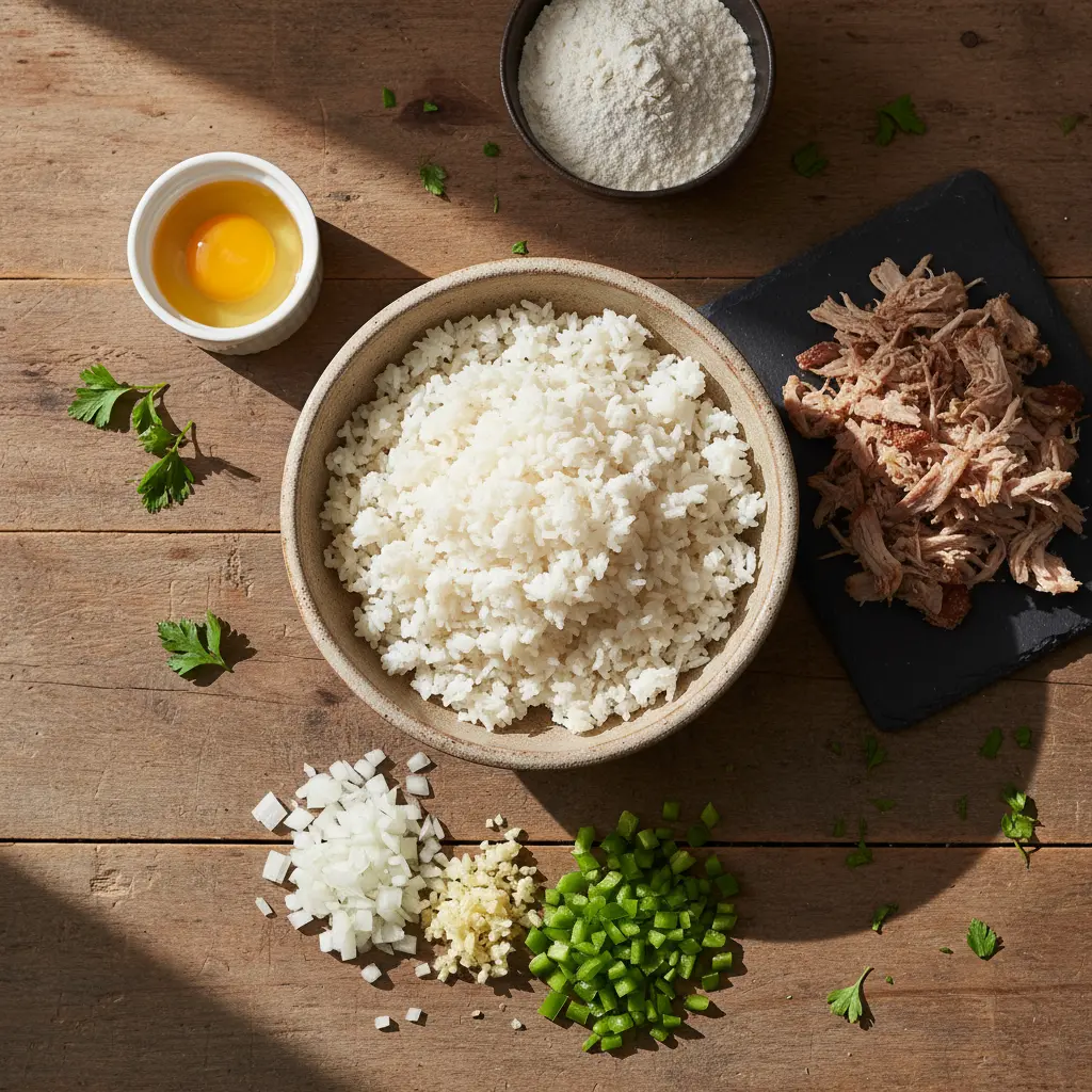 Ingredientes para croquetas de arroz cubanas Ingredientes crudos para croquetas de arroz cubanas: arroz, cerdo, cebolla, ajo, pimiento, perejil, huevo y harina.