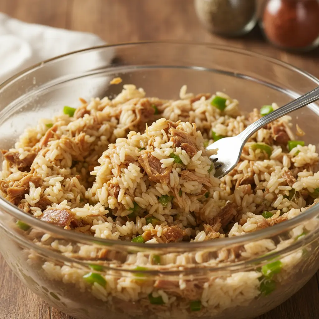 Croquetas de Arroz Cubanas: Mezcla Lista Mezcla de croquetas de arroz cubanas con arroz, cerdo y vegetales en bol.