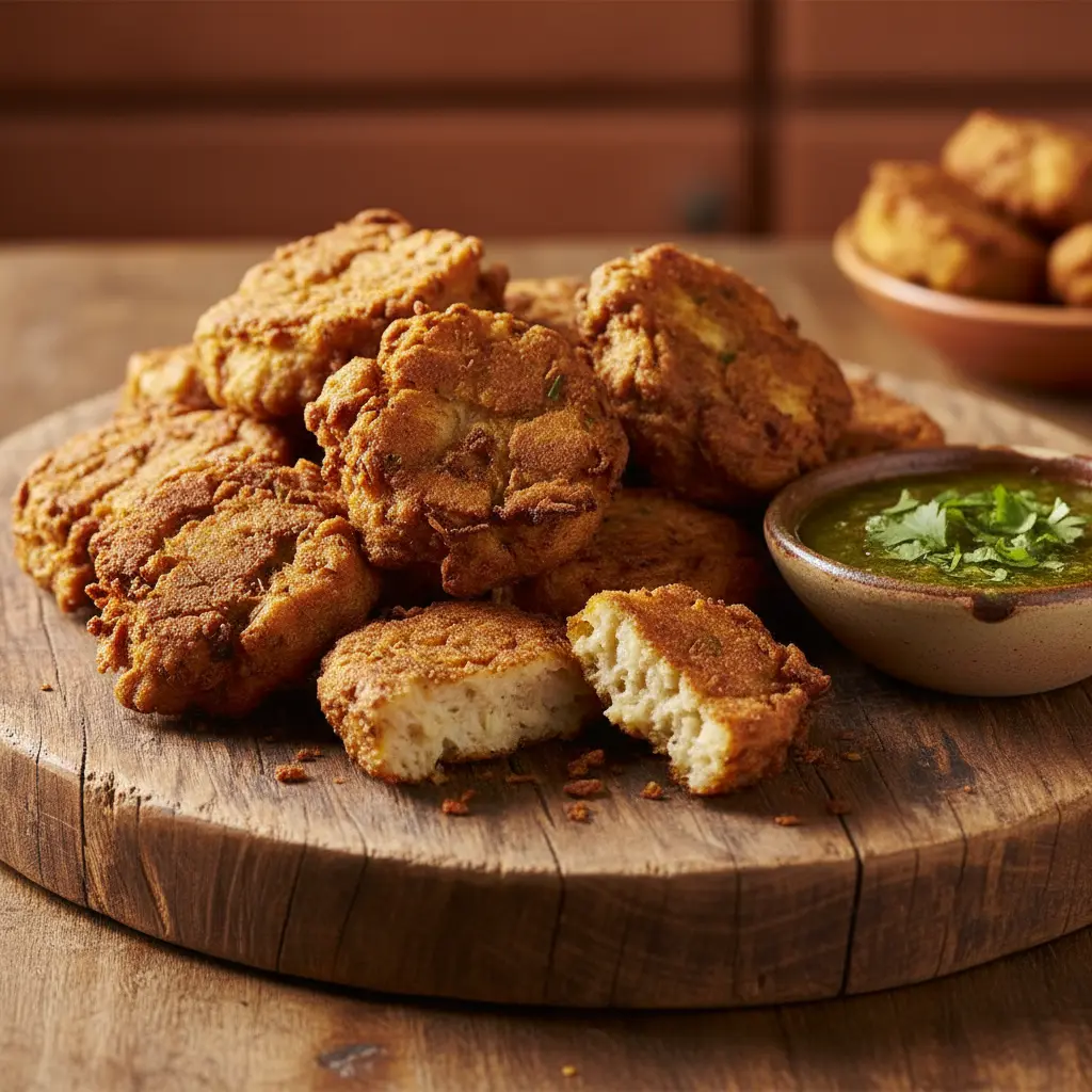 Frituras de malanga doradas en plato rústico con mojo criollo verde.