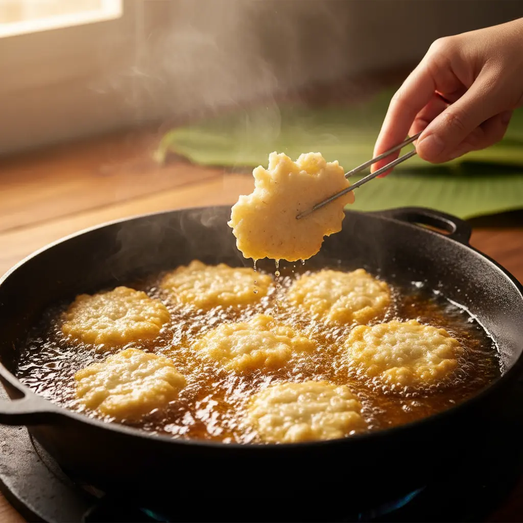Frituras de malanga dorándose en aceite caliente en caldero cubano.