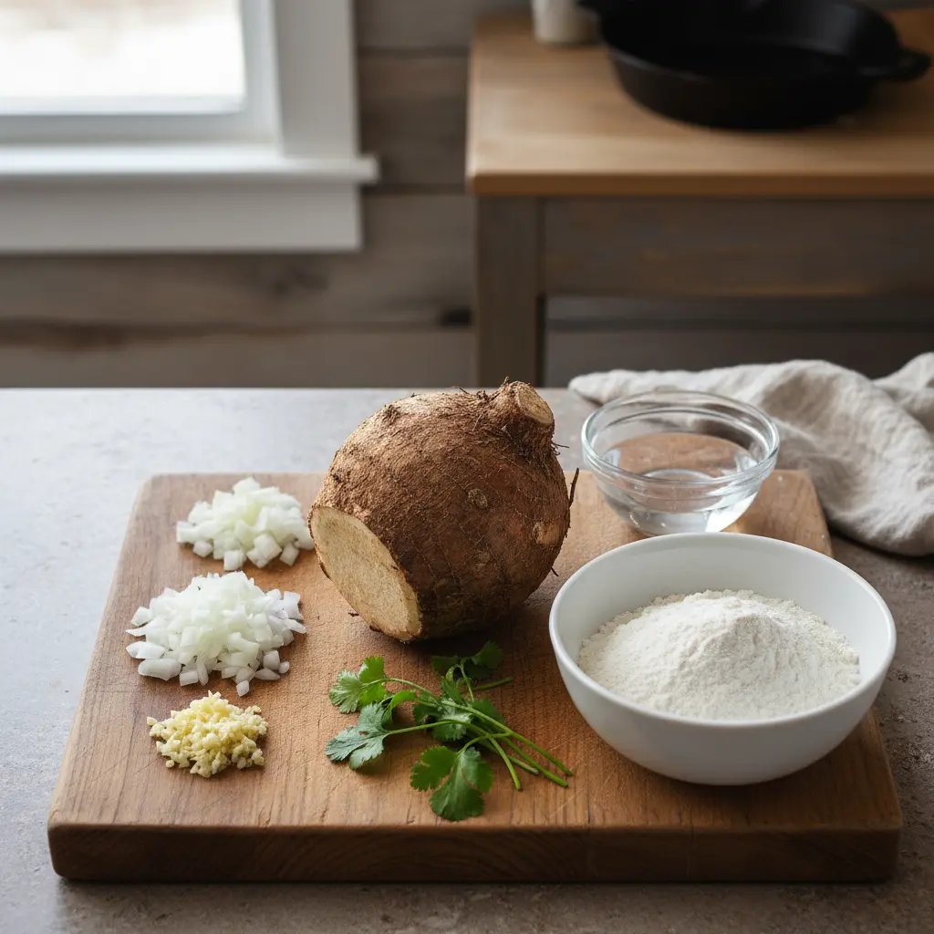 Ingredientes frescos para frituras de malanga: malanga, cebolla, ajo, cilantro, agua y harina.