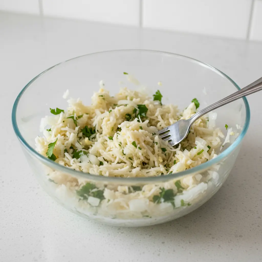 Tazón con malanga rallada, cebolla, ajo y cilantro picados, mezclados con tenedor.