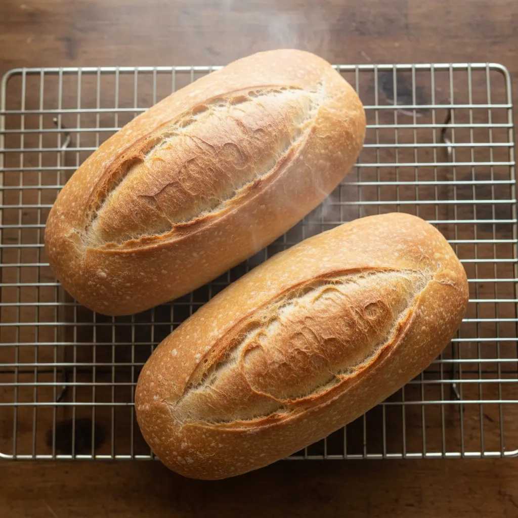Pan Cubano Perfecto: Recién Horneado y Delicioso Dos panes cubanos dorados y recién horneados en rejilla, con vapor y grietas características.