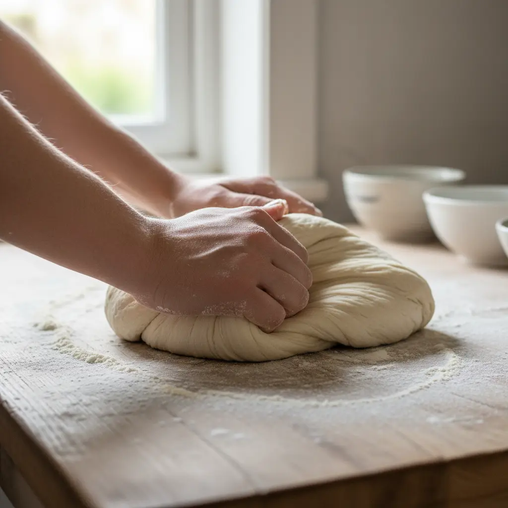 Amasando pan cubano: manos y masa Manos amasando masa de pan cubano, desarrollo de gluten, superficie enharinada.