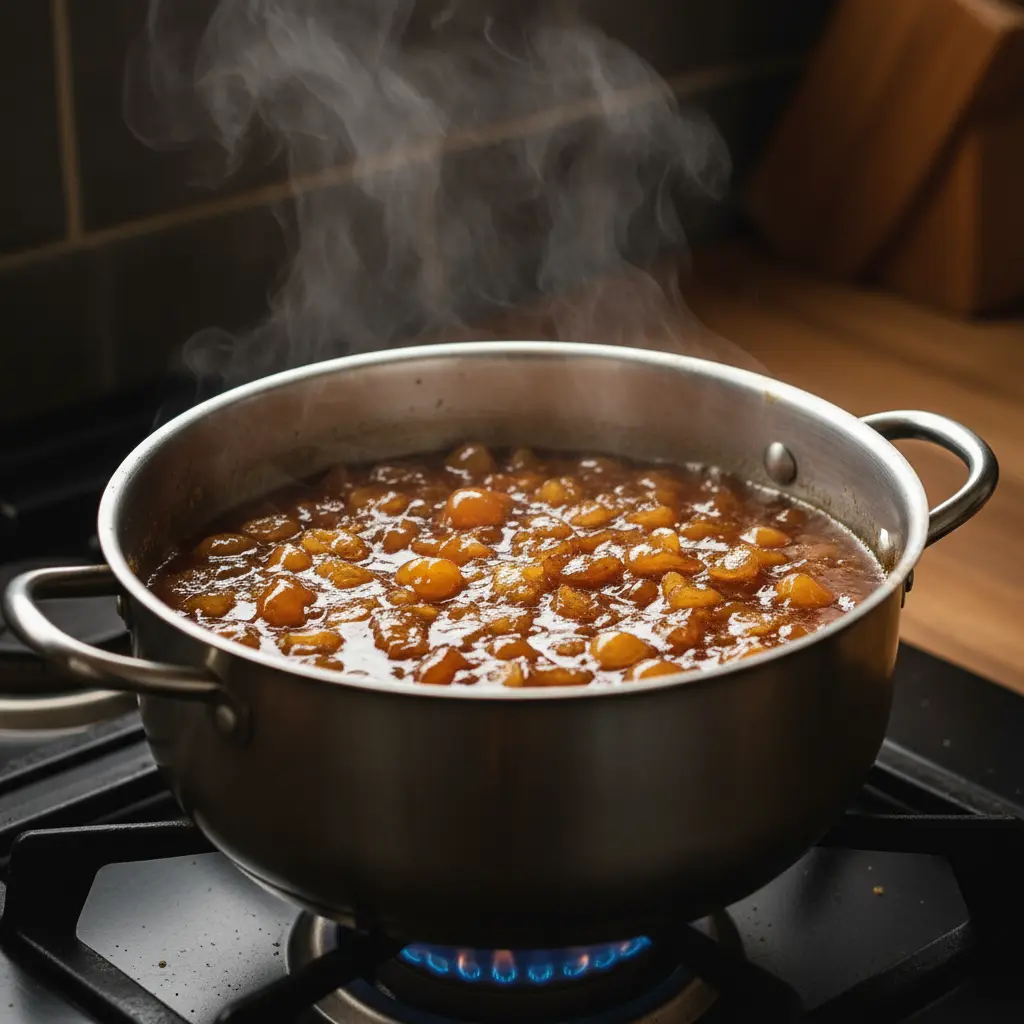 Cocción del Almíbar Dulce de mamoncillo cocinándose en almíbar espeso y brillante en una olla